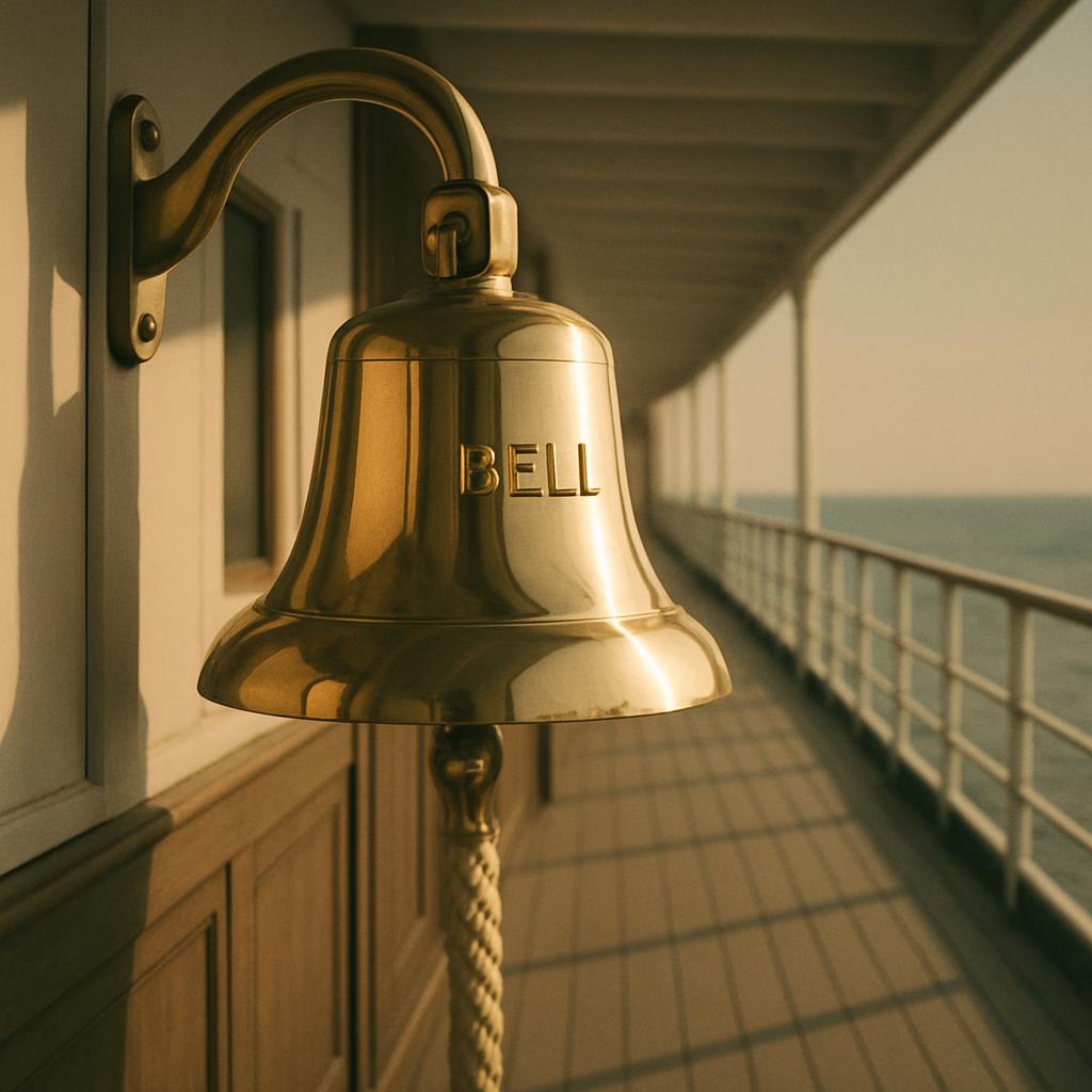Bell on a ship's bulwark alongside an ocean view on a wooden ship with white planking, taken in the late golden light of a...