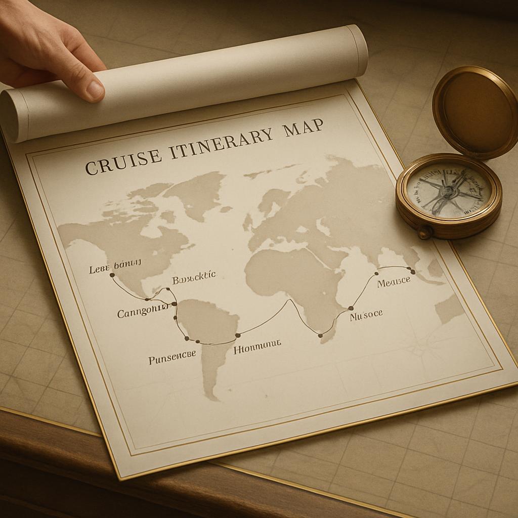 **A vintage map of the world with an itineraries' map lies on a desk, displaying a cruise itinerary in foreign languages. ...