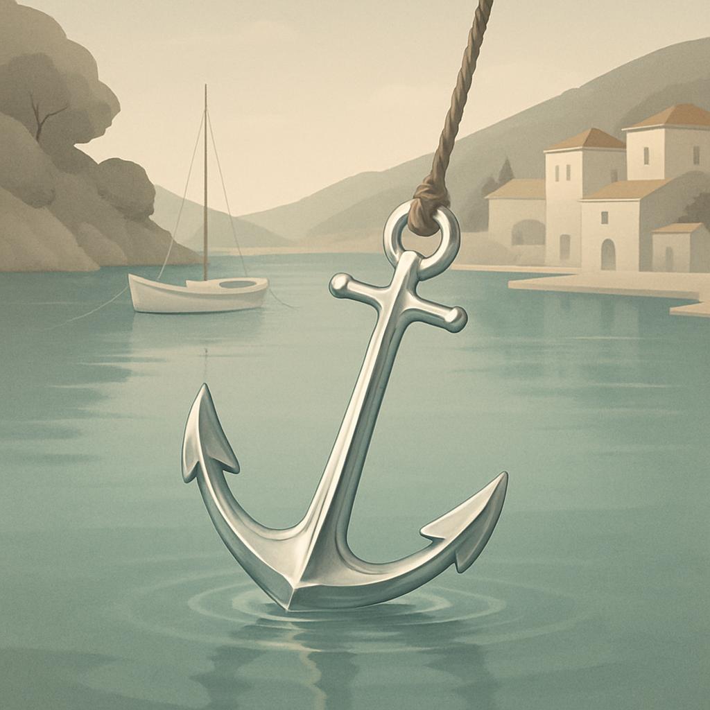 A silver metal anchor appears suspended in water, suggesting a fishing or boating scene. The background is fade, yet may s...