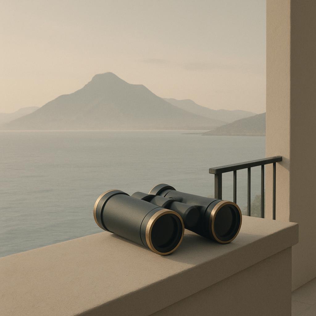 A photograph of black binoculars with gold trim placed atop a small balcony or ledge, overlooking a vast expanse of water ...