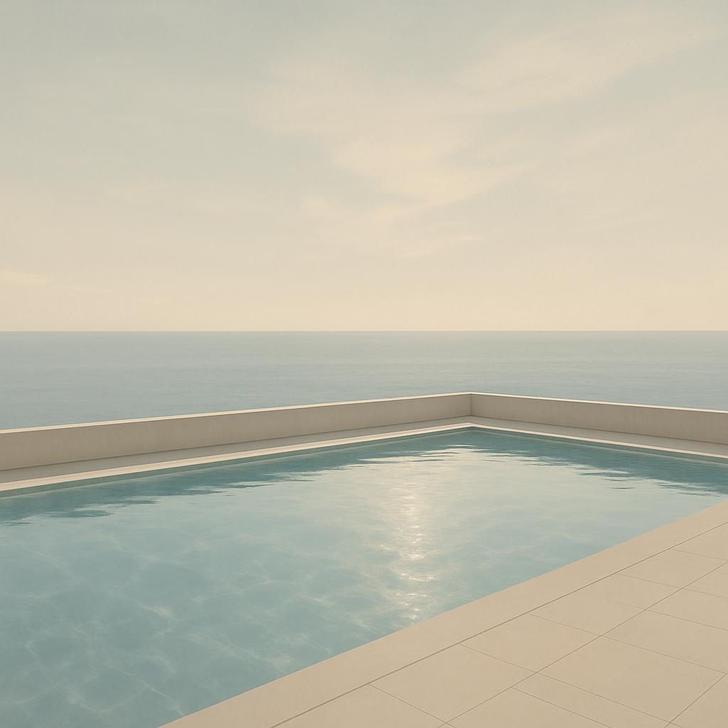 A minimalist pool at the oceanfront, featuring a rectangular pool with a light-colored floor and wall, bordered by beige t...
